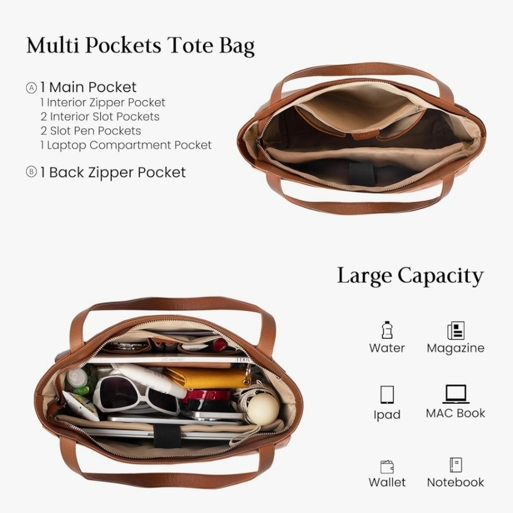 Genuine Leather Tote Bag with Laptop Compartment - Picture 4 of 15